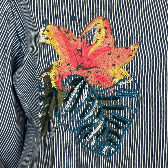 Zara Blue White Striped Embroidered Top Ruffle Sleeve Sequin Detail Medium - Picture 8 of 10